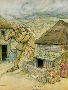 El gigante Cormoran era el terror de todo el campo, ilustración de Jack el matador de gigantes, de Cuentos de hadas ingleses recontados por F.A. Steel, 1927 de Arthur Rackham